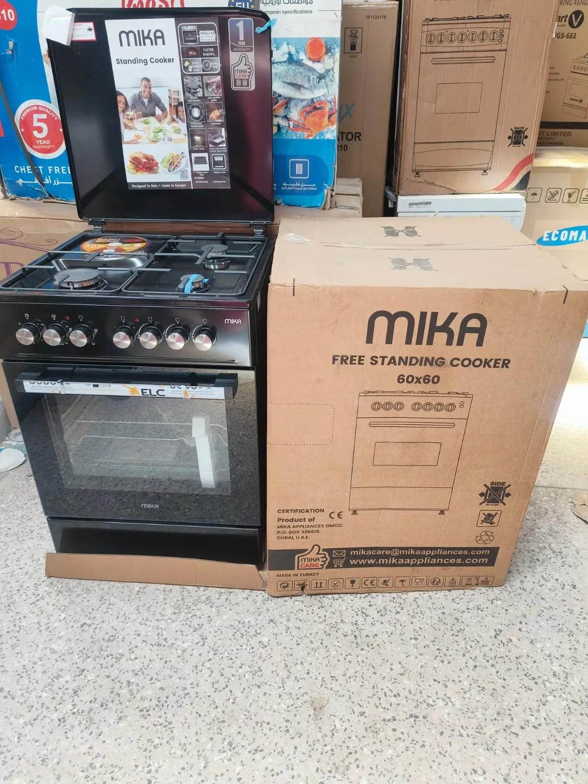 Mika 60cm Standing Cooker – 3 Gas Pool Burners + 1 Rapid Hot Plate | Full Black | Electric Oven with Grill